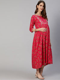 Thumbnail for Anubhutee Fuchsia Pink Ethnic Motifs Maternity A-Line Midi Dress - Distacart