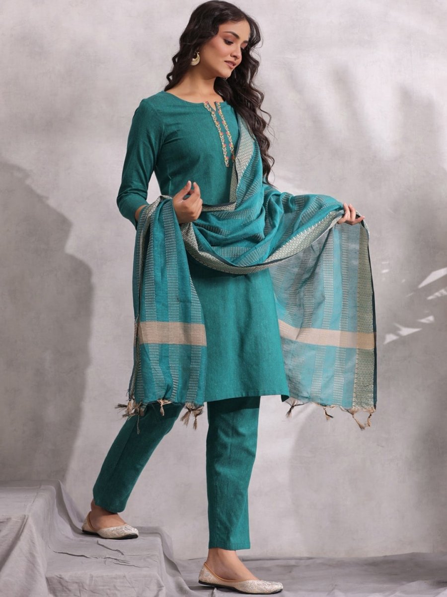 Anubhutee Ethnic Motifs Yoke Design Thread Work Pure Cotton Kurta with Trousers & Dupatta - Distacart