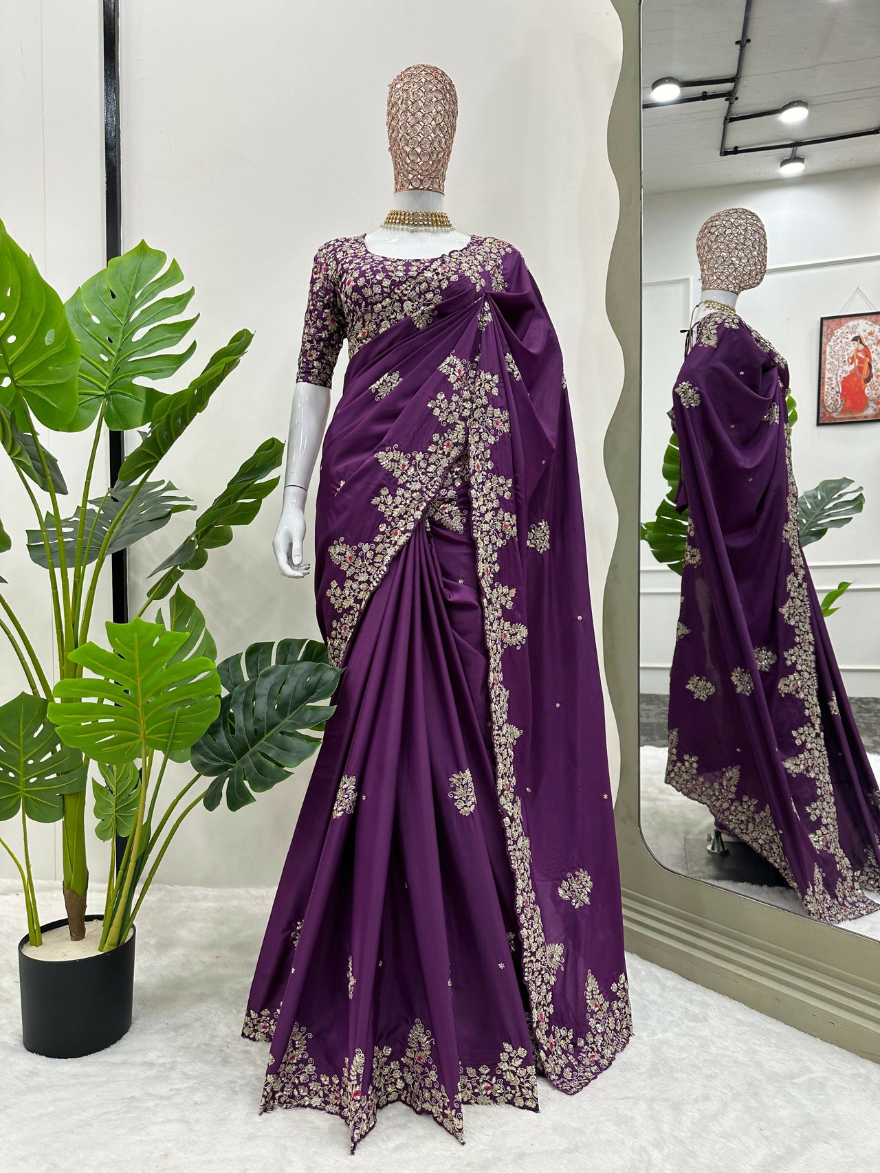 Preksha Creation Purple Women Designer Saree On Jimmy Chu Fabric With Thread & Sequence Work