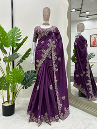 Thumbnail for Preksha Creation Purple Women Designer Saree On Jimmy Chu Fabric With Thread & Sequence Work