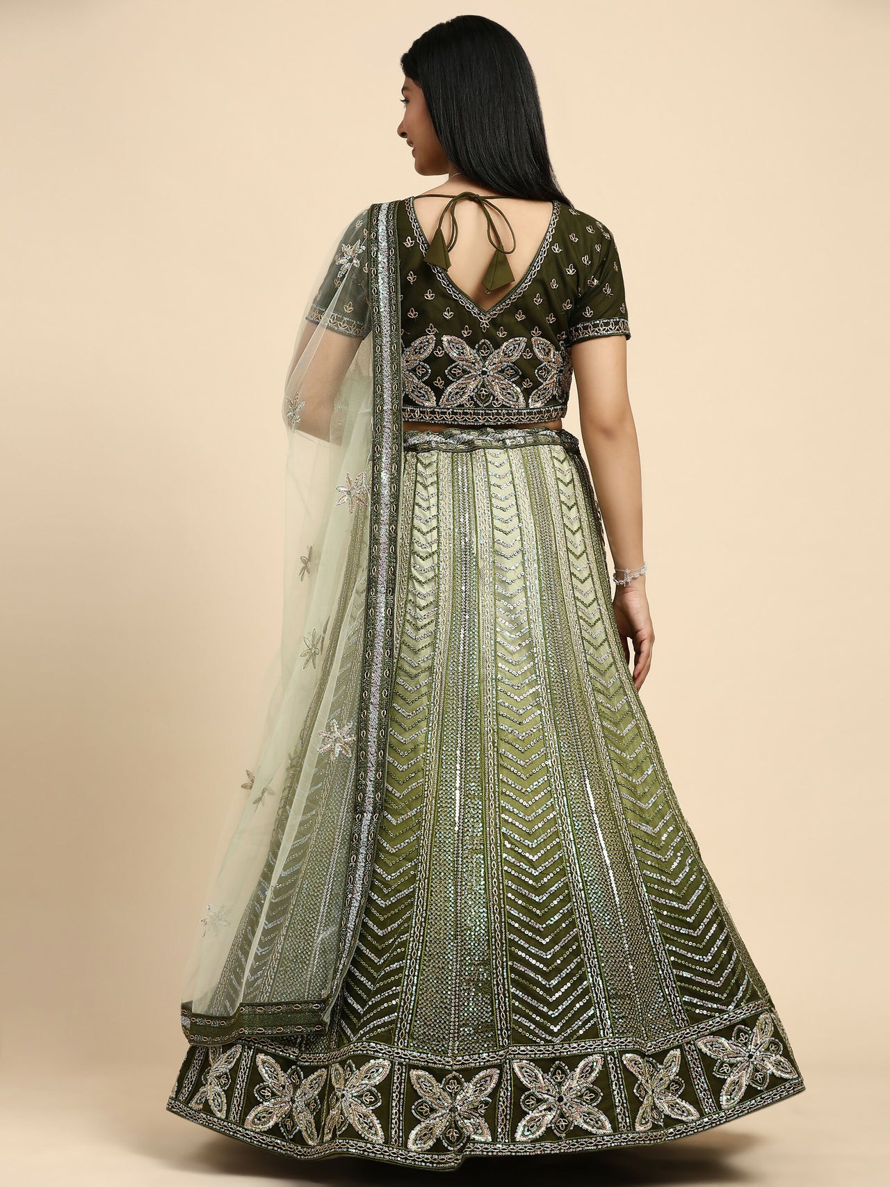 Green Fancy Net Sequence Embroidered Lehenga Choli with Dupatta - Dhara - Distacart