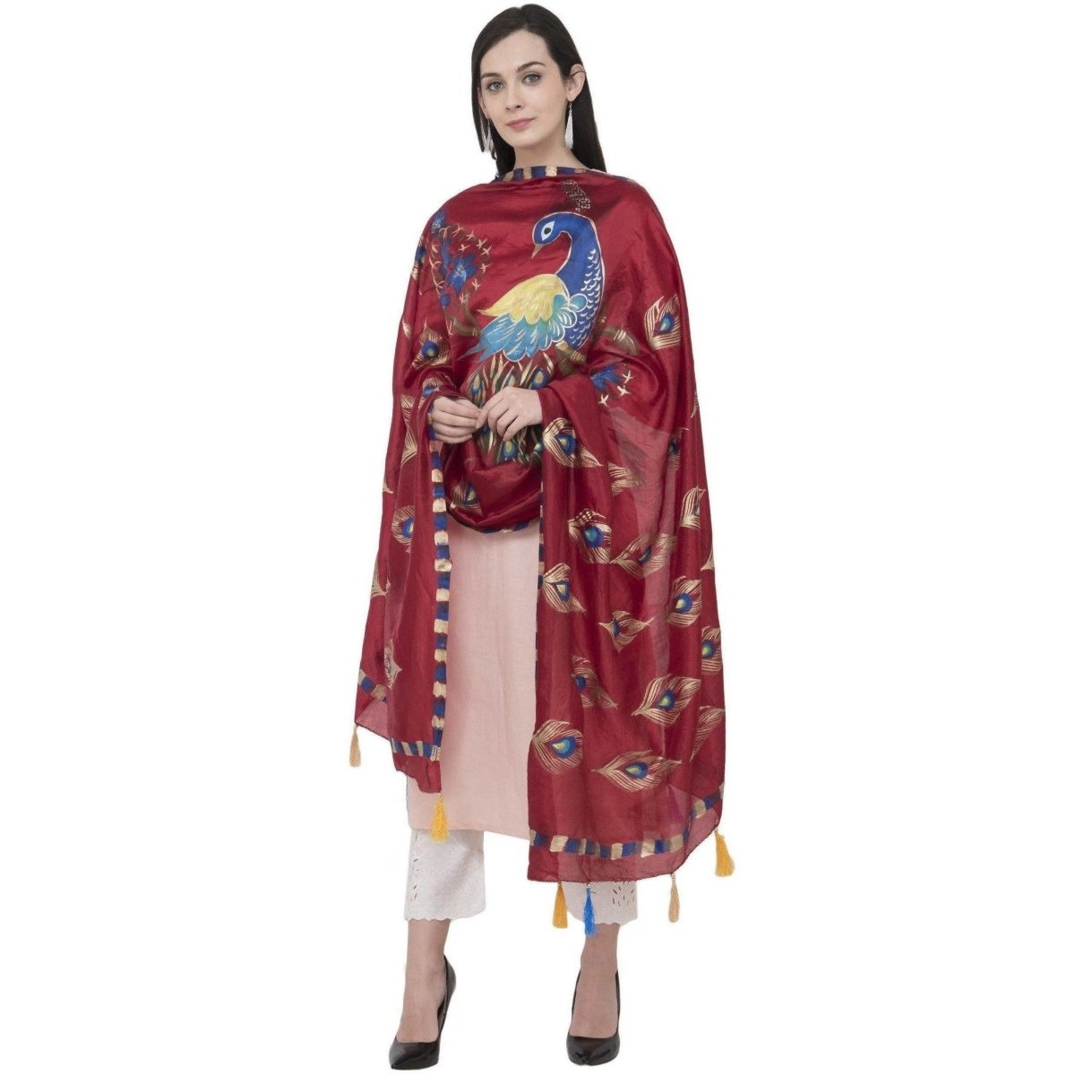 A R Silk Silk Peacock Multi Fancy Dupatta Color Mehroon Dupatta or Chunni