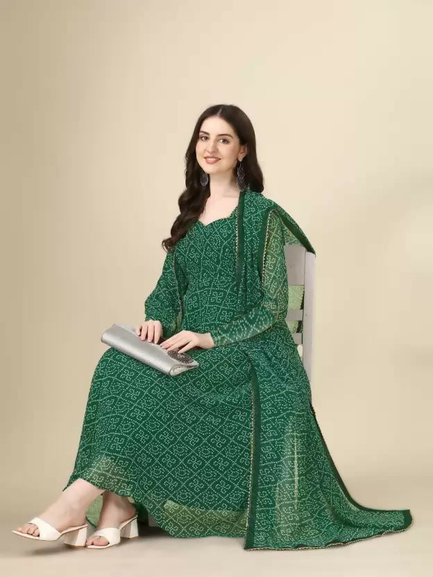 Preksha Creation Georgette Floral Print Women Green Anarkali Long Gown With Dupatta - Distacart