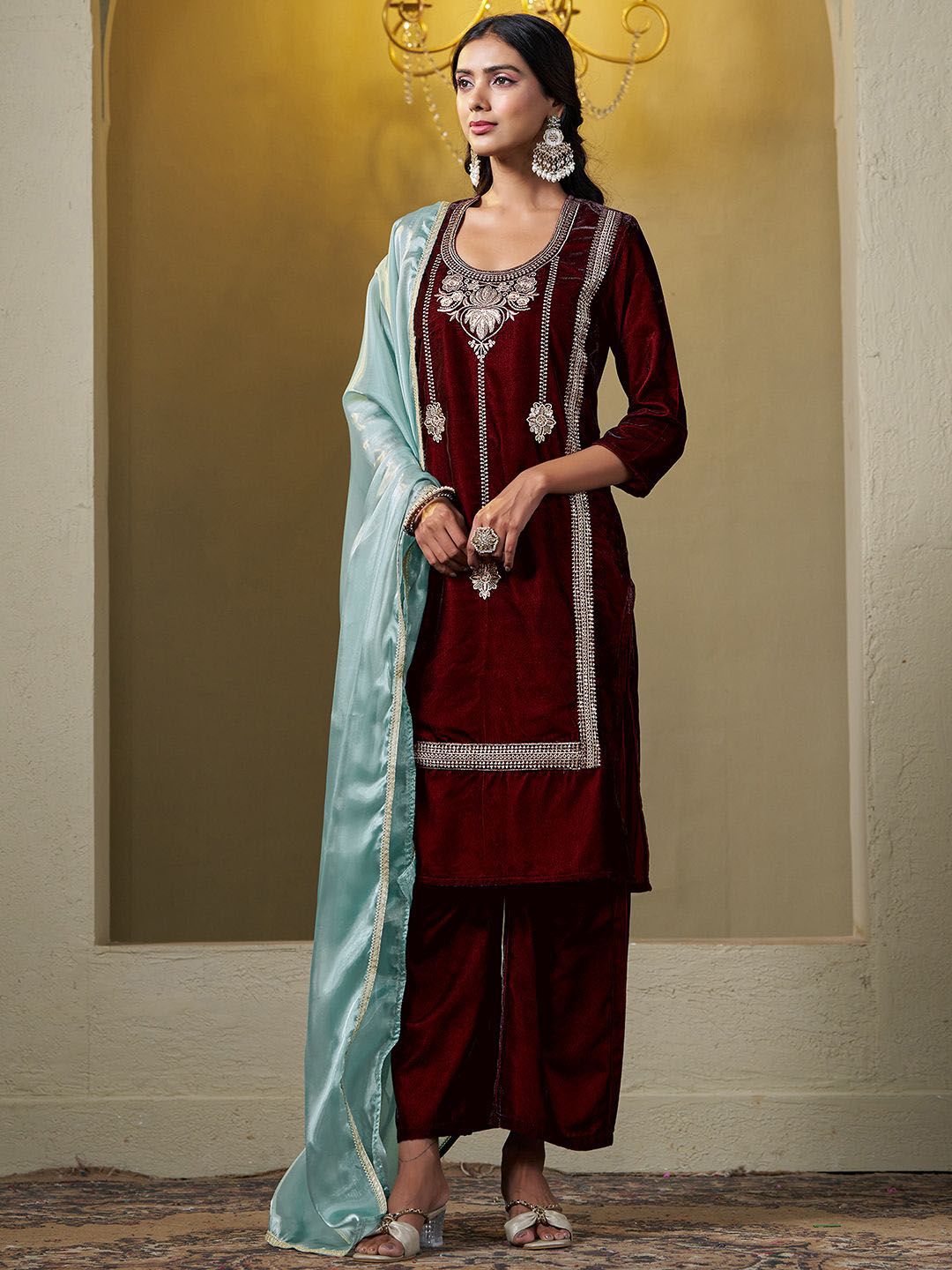 Sangria Embroidered Kurta & Trouser With Dupatta