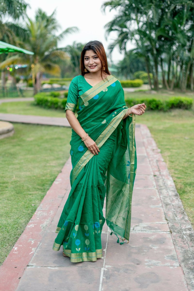 Aastha Fashion Green Woven Cotton Silk Saree with Blouse - Distacart