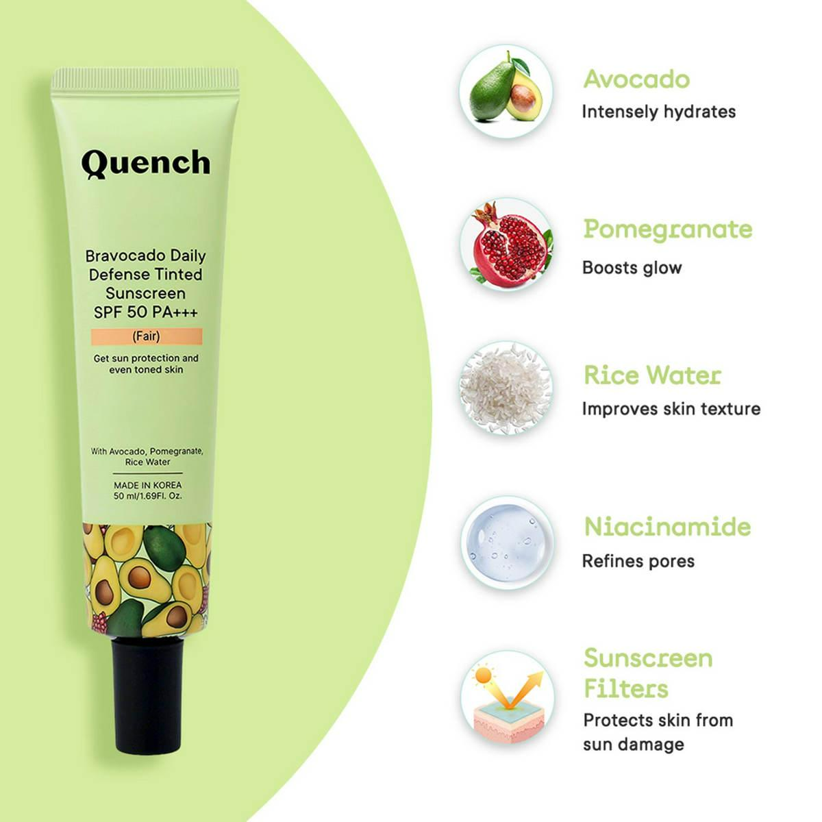 Quench Bravocado SPF 50+ PA++++ Sunscreen Gel With Avocado, Rice Water & Pomegranate, Korean Beauty