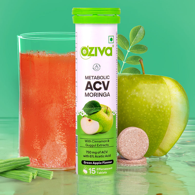 OZiva ACV Moringa For Weight Loss 3-in-1 Fat Oxidation Formula Tablets - Green Apple Flavor