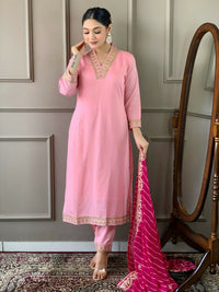 Thumbnail for Partywear Designer Viscose Silk Blend Pink Stitched Suit With Dupatta - Tanisha