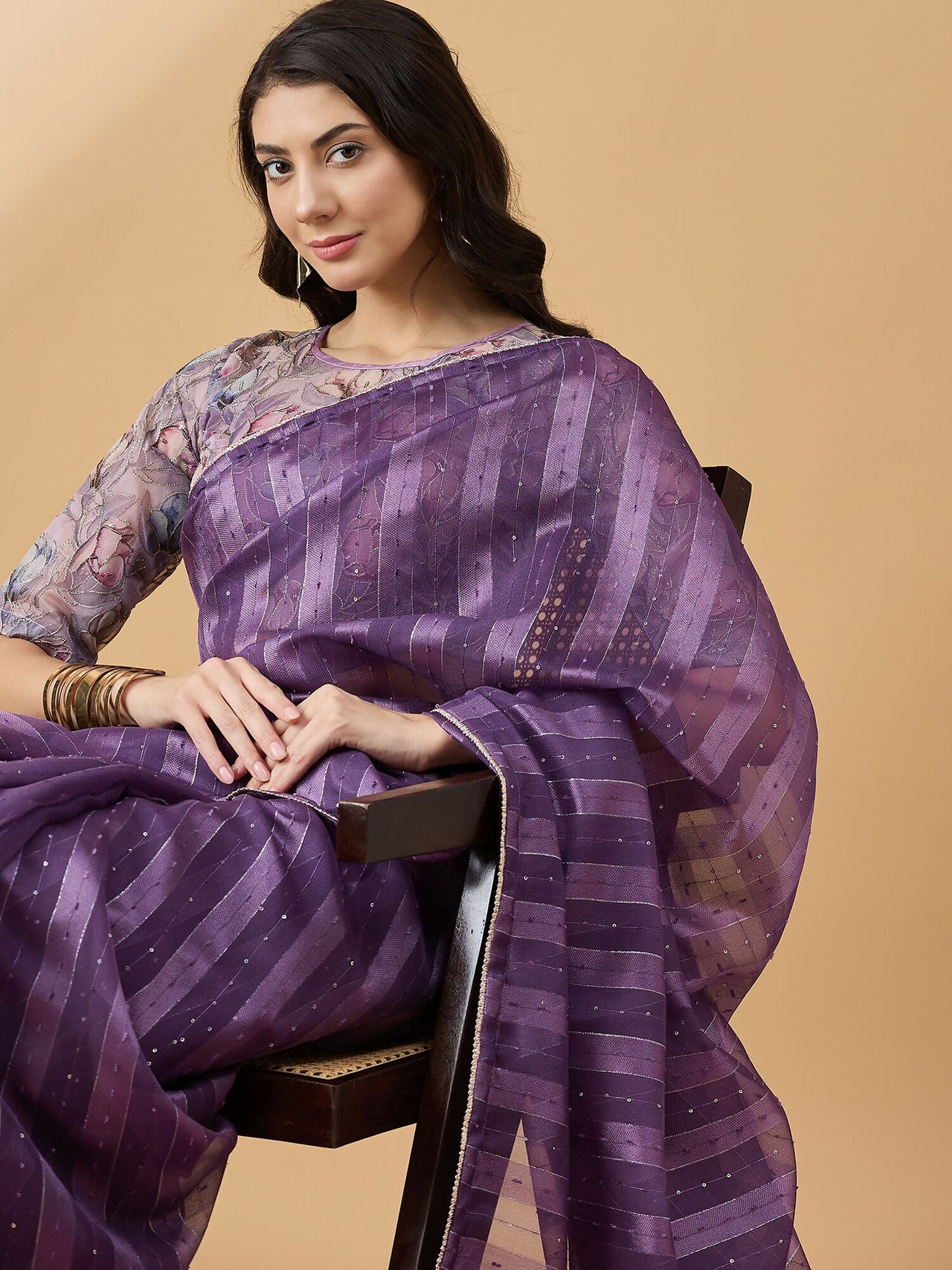Purple Cotton Blend Sequence Work Saree with Stitched Blouse - Dharavi - Distacart
