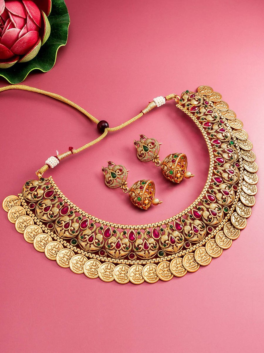 Aadita Gold-Plated Green & Pink Stone-Studded & Pearl Beaded Jewellery Set - Distacart