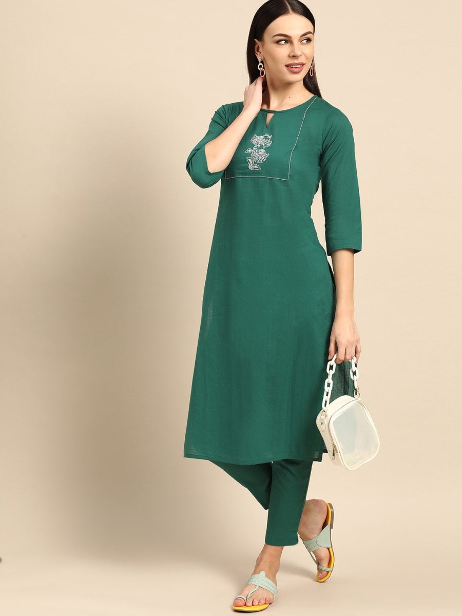 Anouk Women Green Yoke Design Pure Cotton Kurta with Trousers - Distacart