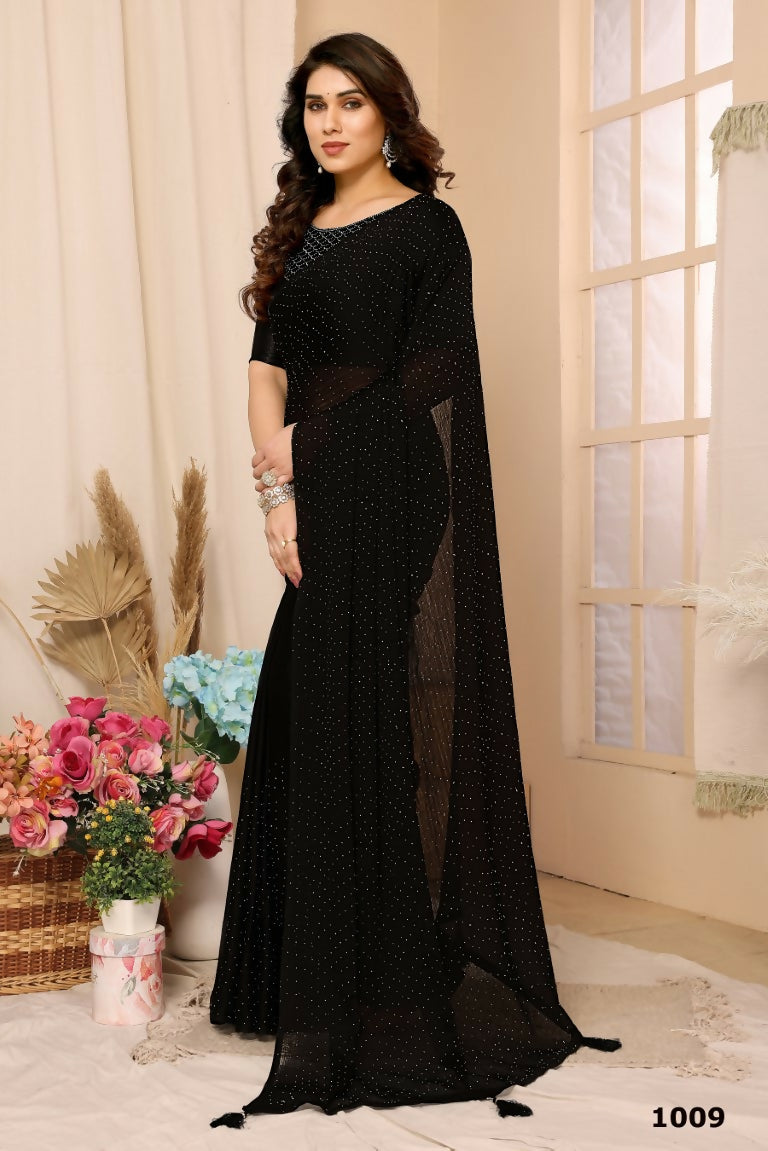 Aafreen Partywear Designer Black Satin Chiffon Fancy Saree - Distacart