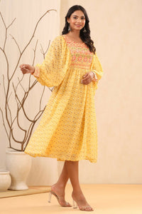 Thumbnail for Juniper Yellow Ethnic Motif Printed Georgette Midi Dress With Sequins Work