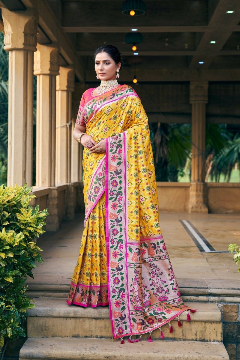 Aastha Fashion Yellow Woven Patola Silk Saree with Blouse - Distacart