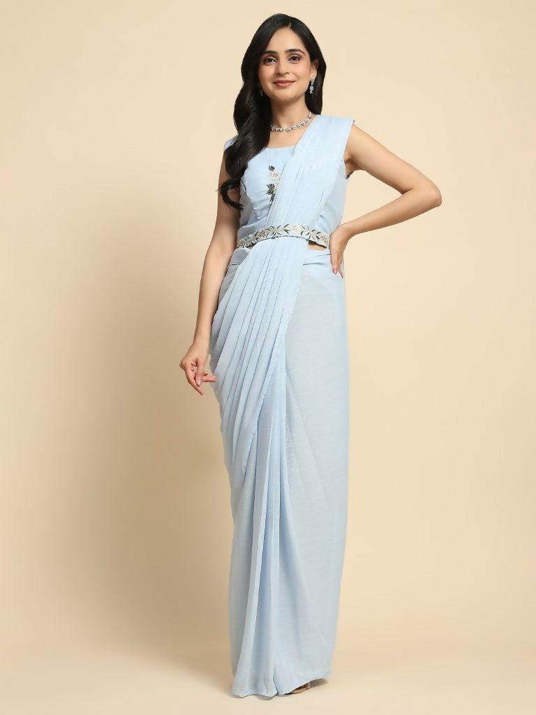 Blue Chiffon Solid Ready to wear Saree with stitched Blouse - Aayan - Distacart