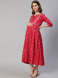 Thumbnail for Anubhutee Fuchsia Pink Ethnic Motifs Maternity A-Line Midi Dress - Distacart