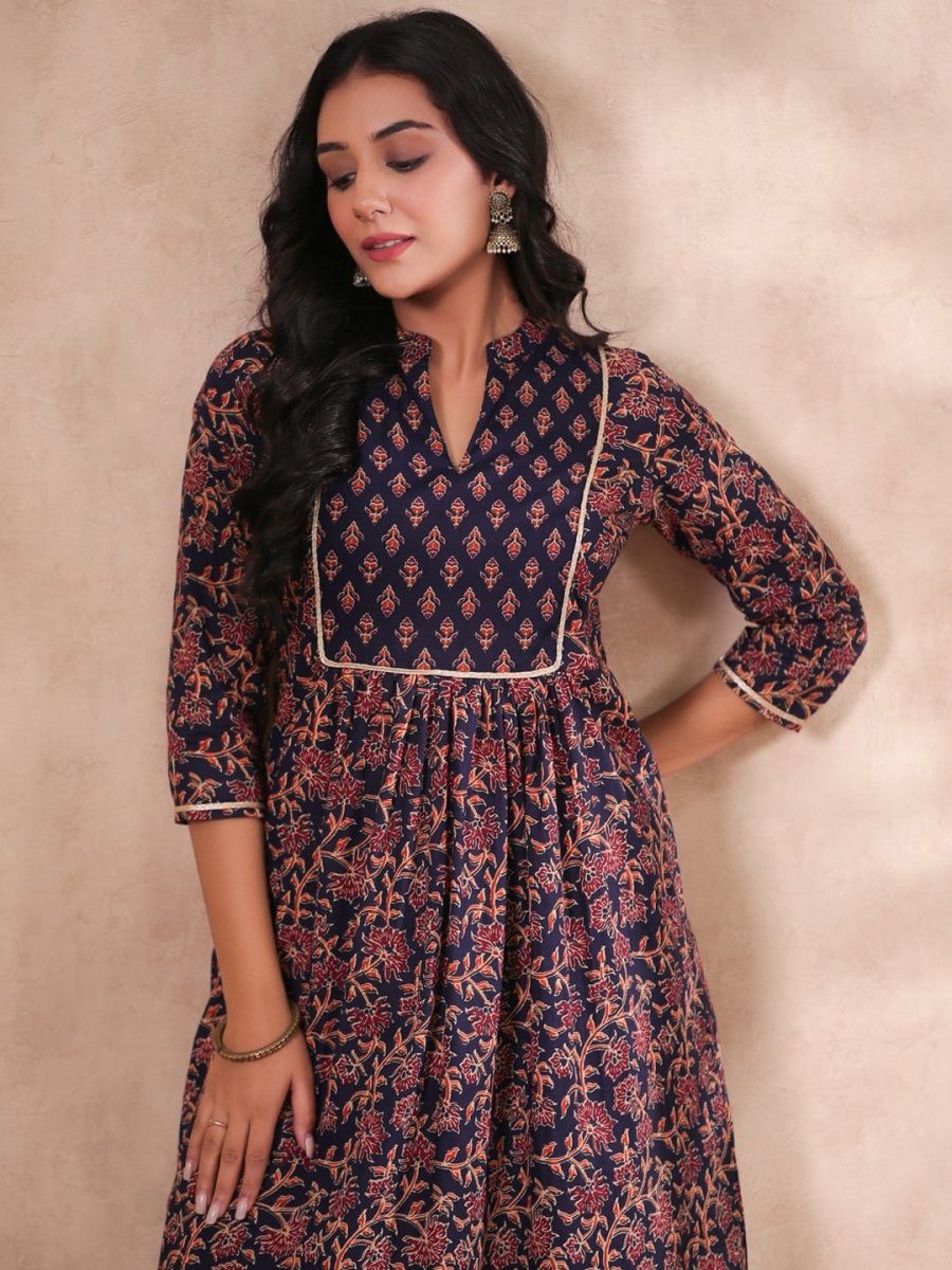 Anubhutee Floral Printed Mandarin Collar Pure Cotton Anarkali Kurta With Trousers - Distacart