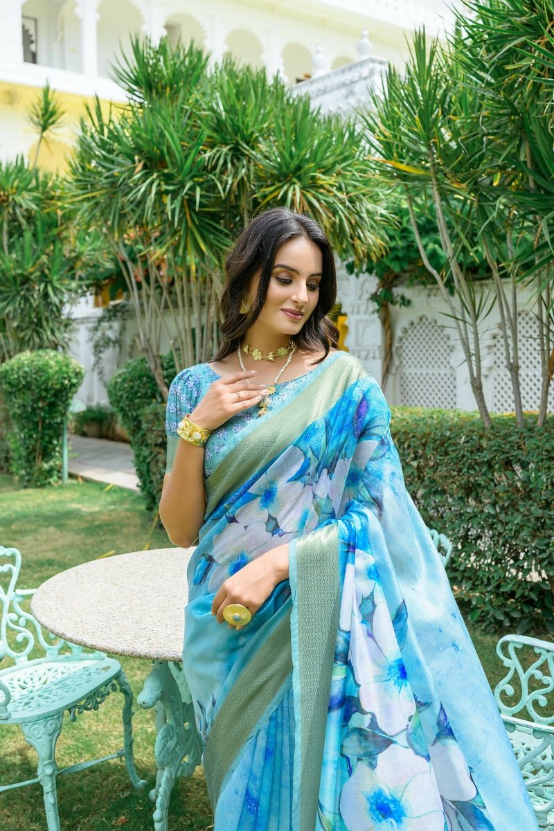 Aastha Fashion Blue Digital Printed Cotton Saree with Blouse - Distacart