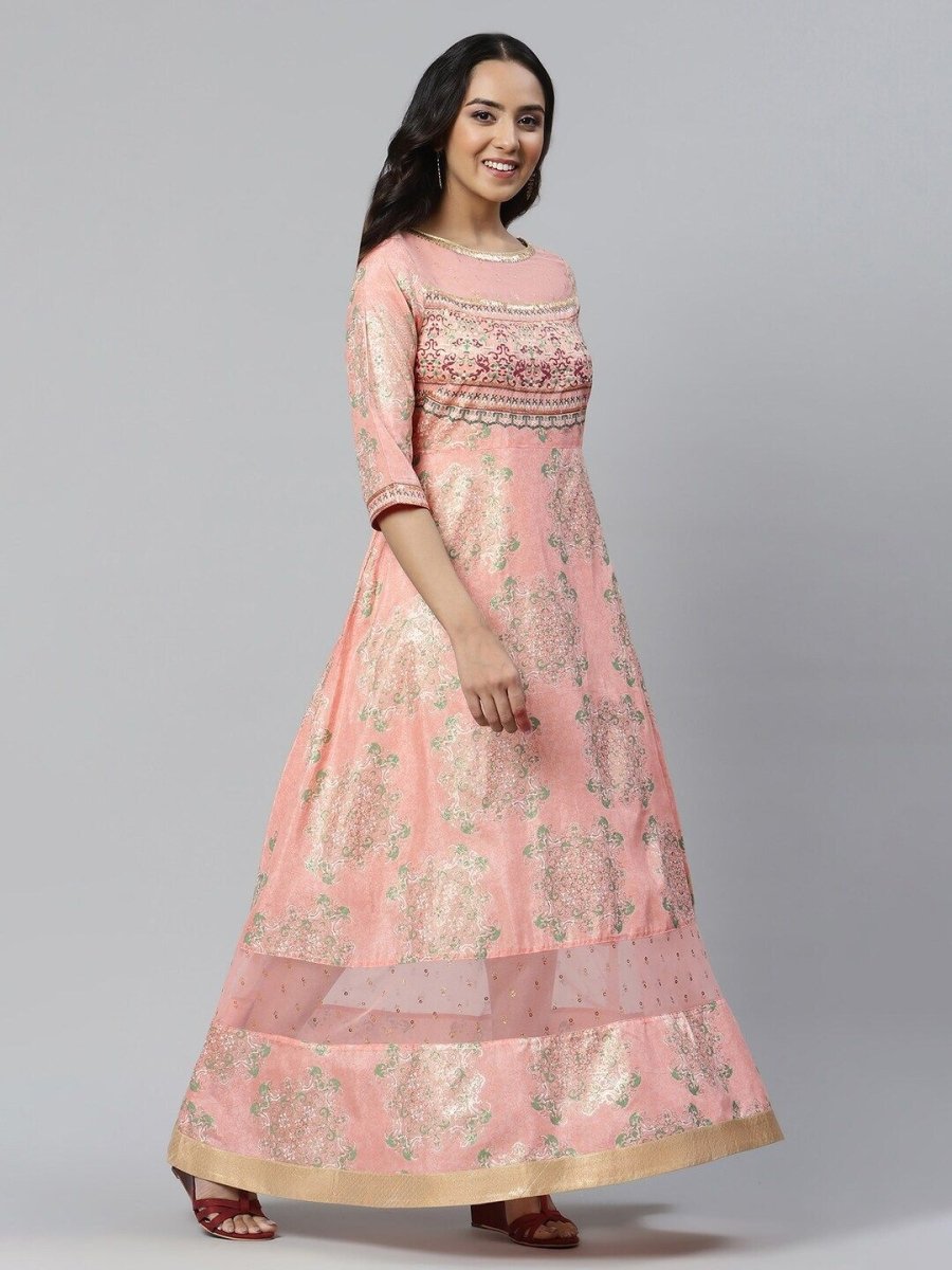 AURELIA Pink Ethnic Motifs Satin Maxi Dress