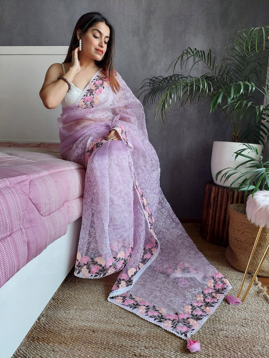 Anouk Lavender & White Floral Embroidered Organza Saree - Distacart