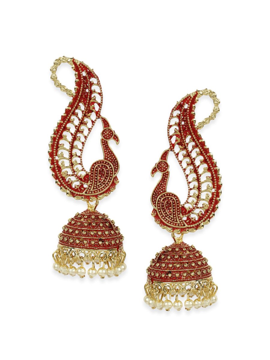 Anikas Creation Red & Gold-Plated Peacock Shaped Jhumkas - Distacart