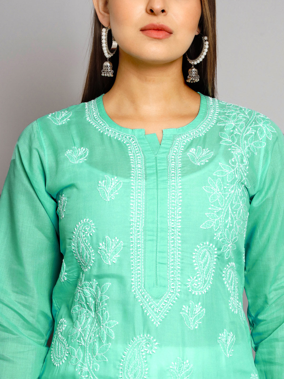 PARAMOUNT CHIKAN Women Sea Green Ethnic Motifs Embroidered Chikankari Kurta - Distacart