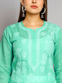 Thumbnail for PARAMOUNT CHIKAN Women Sea Green Ethnic Motifs Embroidered Chikankari Kurta - Distacart