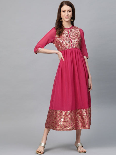 AURELIA Women Pink & Golden Printed A-Line Dress