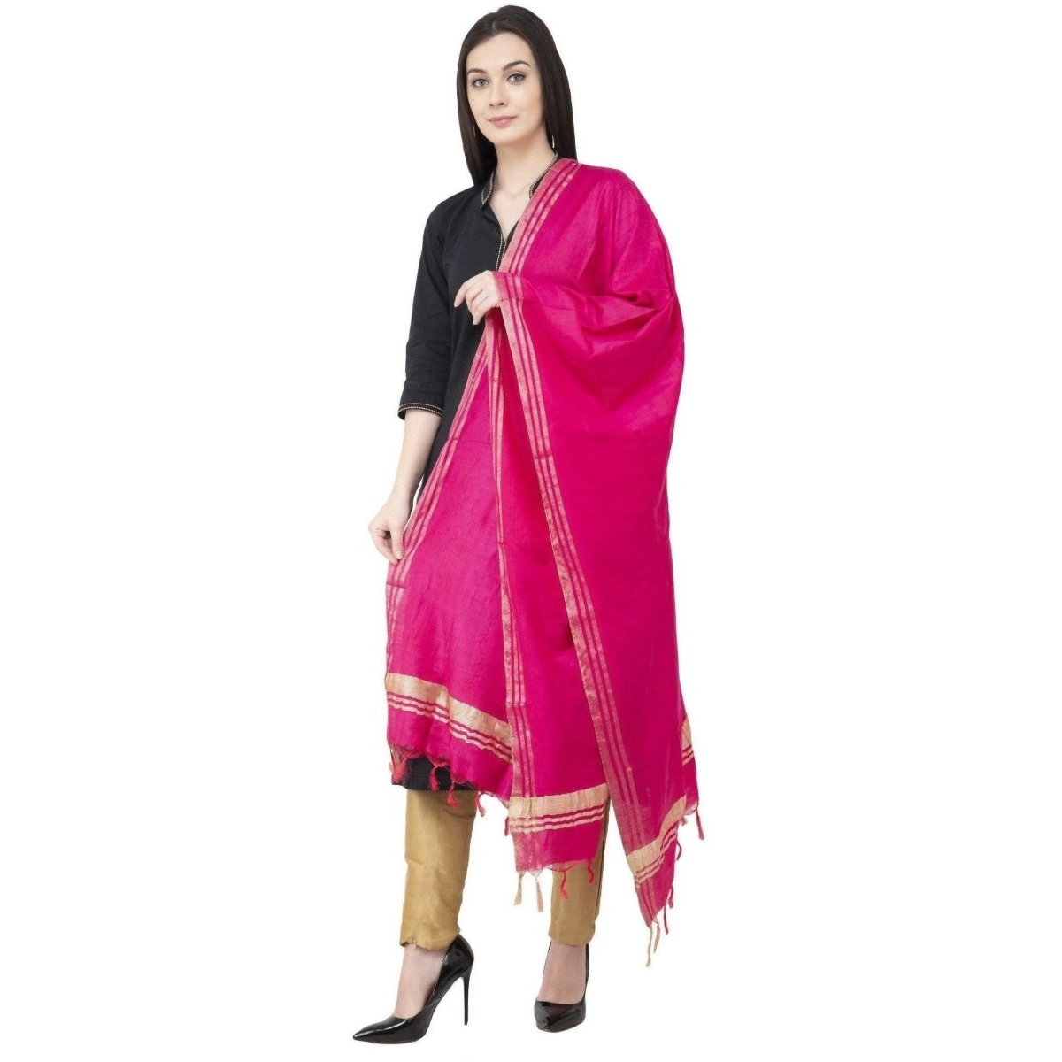 A R SILK Golden Border Regular Dupatta Dark Pink Color Dupatta or Chunni