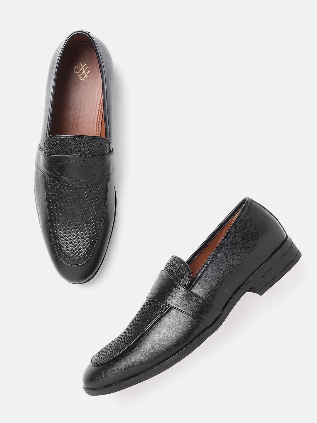 House of Pataudi Men Black Textured Leather Handcrafted Formal Slip-Ons