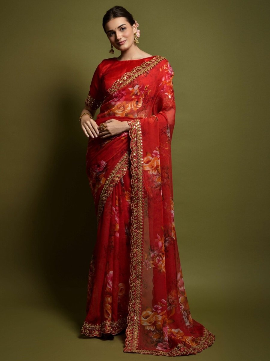 Anouk Red & Yellow Floral Printed & Embroidered Border Pure Georgette Saree - Distacart