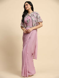 Thumbnail for Pink Chiffon Solid Ready to wear Saree with stitched Blouse - Aayan - Distacart