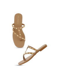 Thumbnail for DressBerry Beige And Gold-Toned Studded Open Toe Flats