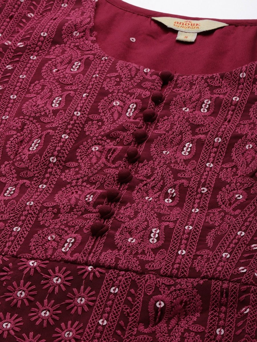 Anouk Women Maroon Ethnic Motifs Embroidered Chikankari Kurta with Palazzos & With Dupatta - Distacart