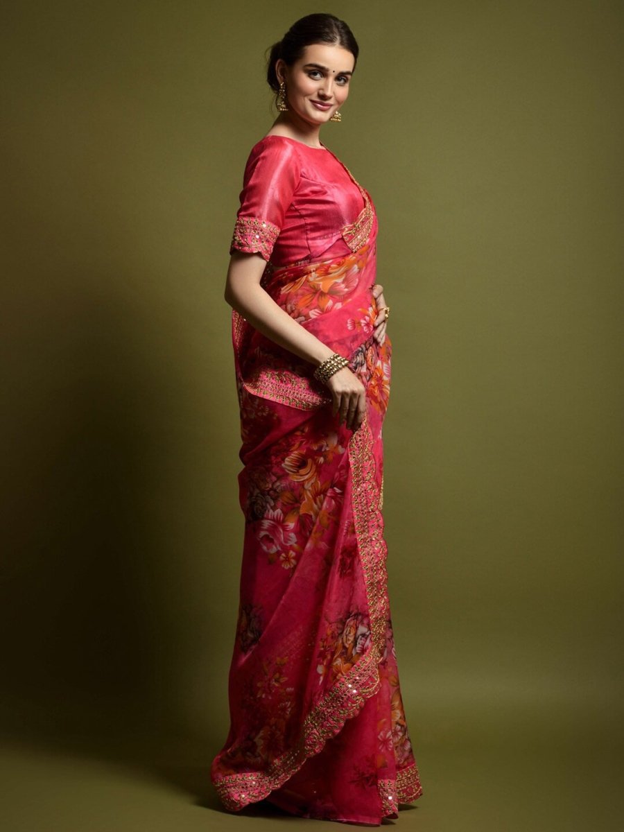 Anouk Pink & Yellow Floral Printed Embroidered Saree - Distacart