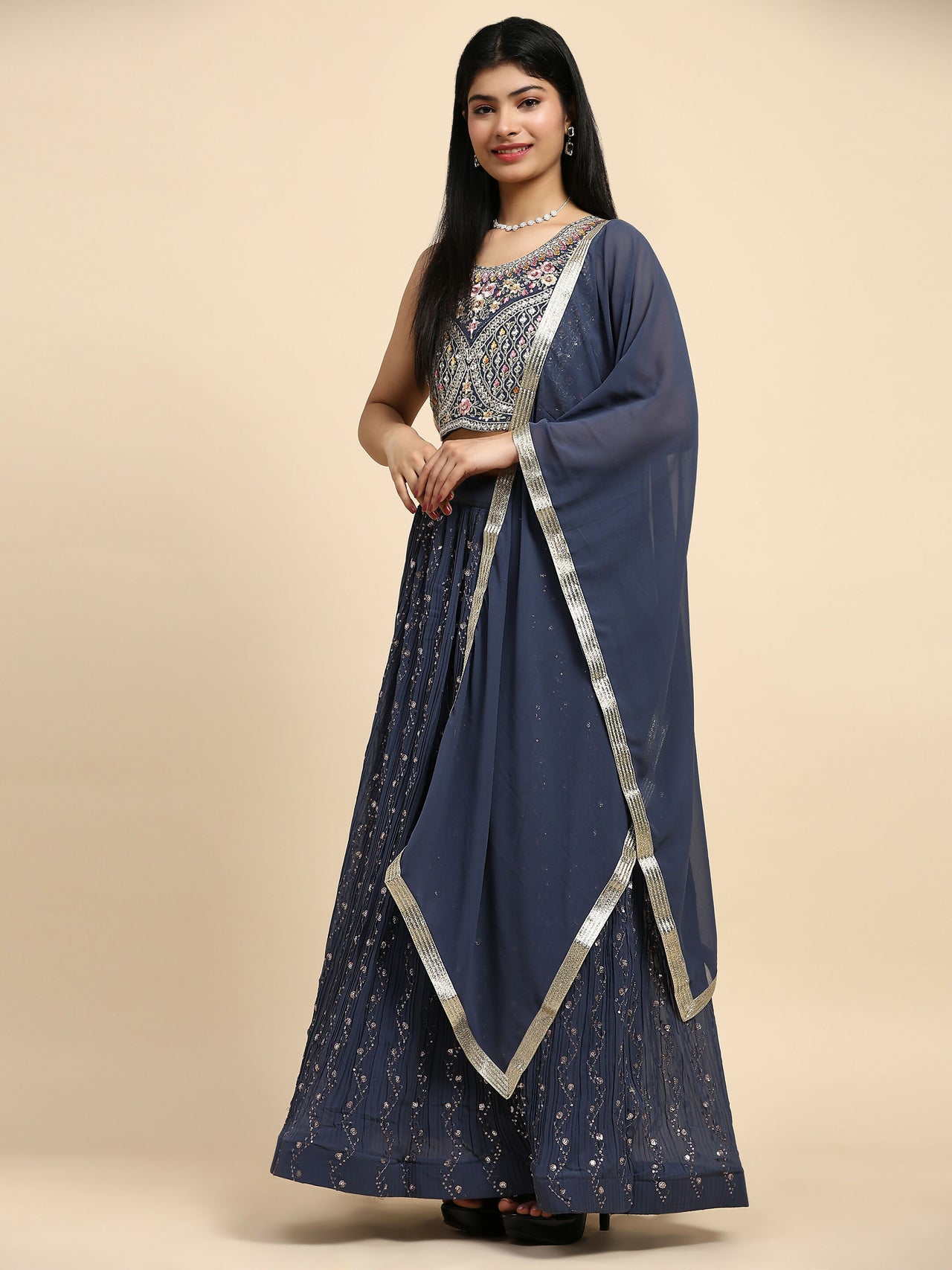 Dark Grey Georgette Embroidered Lehenga choli with Dupatta - Dhara - Distacart