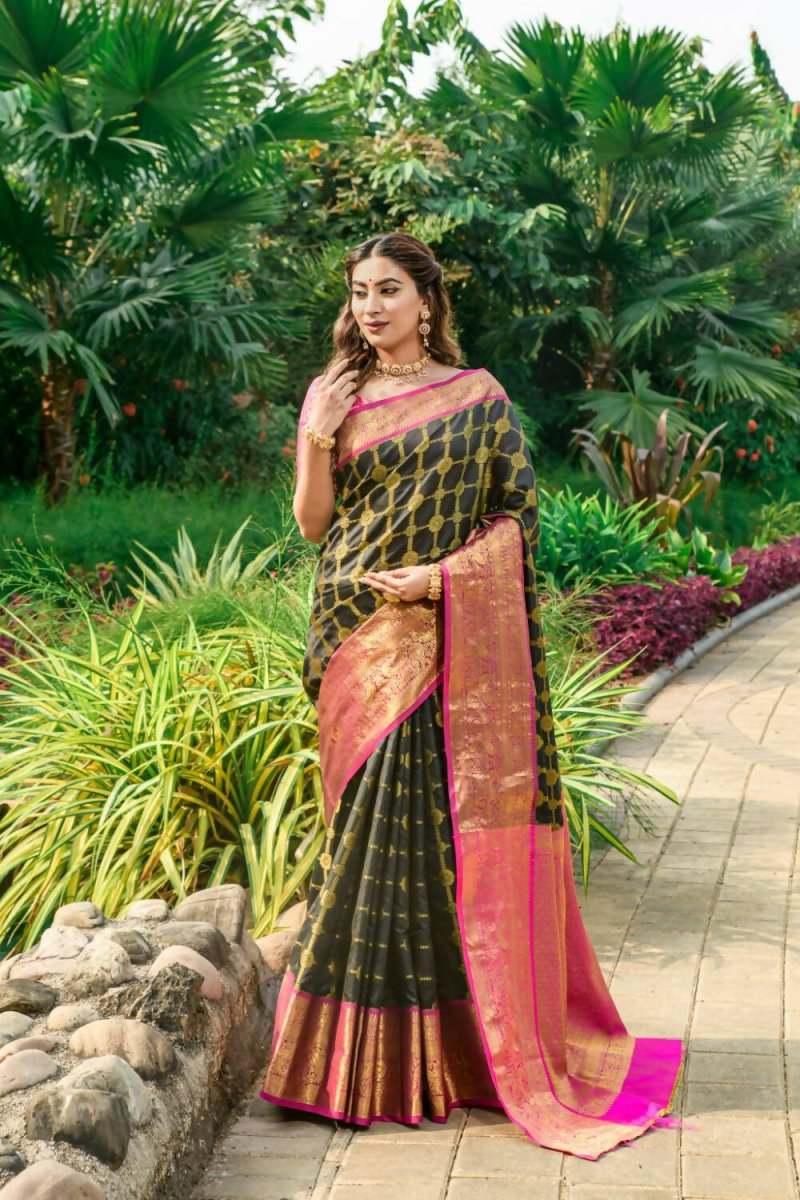 Aastha Fashion Black Woven Kanchipuram Silk Saree with Blouse - Distacart