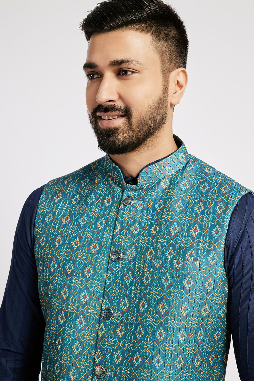Ethnic India Indigo Blue Bundi Men's Jacket Geometric Polyester