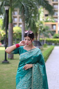 Thumbnail for Aastha Fashion Teal Woven Handloom Raw Silk Saree with Blouse - Distacart