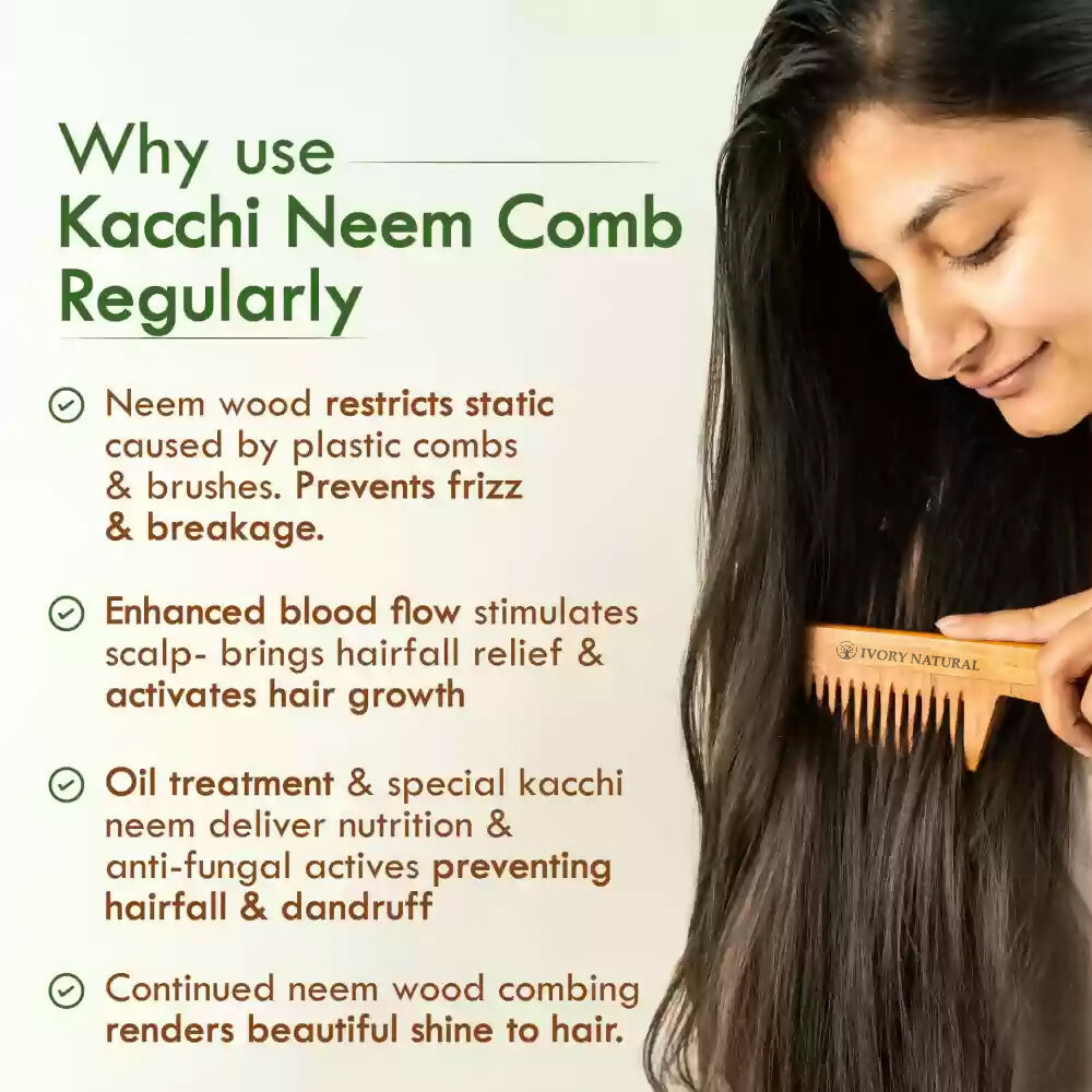 Ivory Natural Dual Tooth Kacchi Neem Comb Infused With Organic Oil For Gentle Detangling And Straightning Hair - Distacart