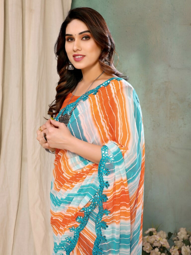 Aafreen Partywear Designer Orange & Blue Georgette Fancy Saree - Distacart