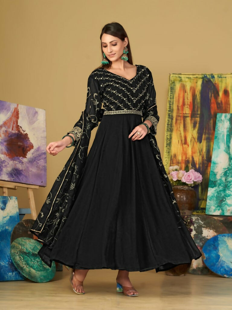 Jyoti Fashion Women's Black Georgette Embroidered Anarkali Kurta Pant Set With Dupatta