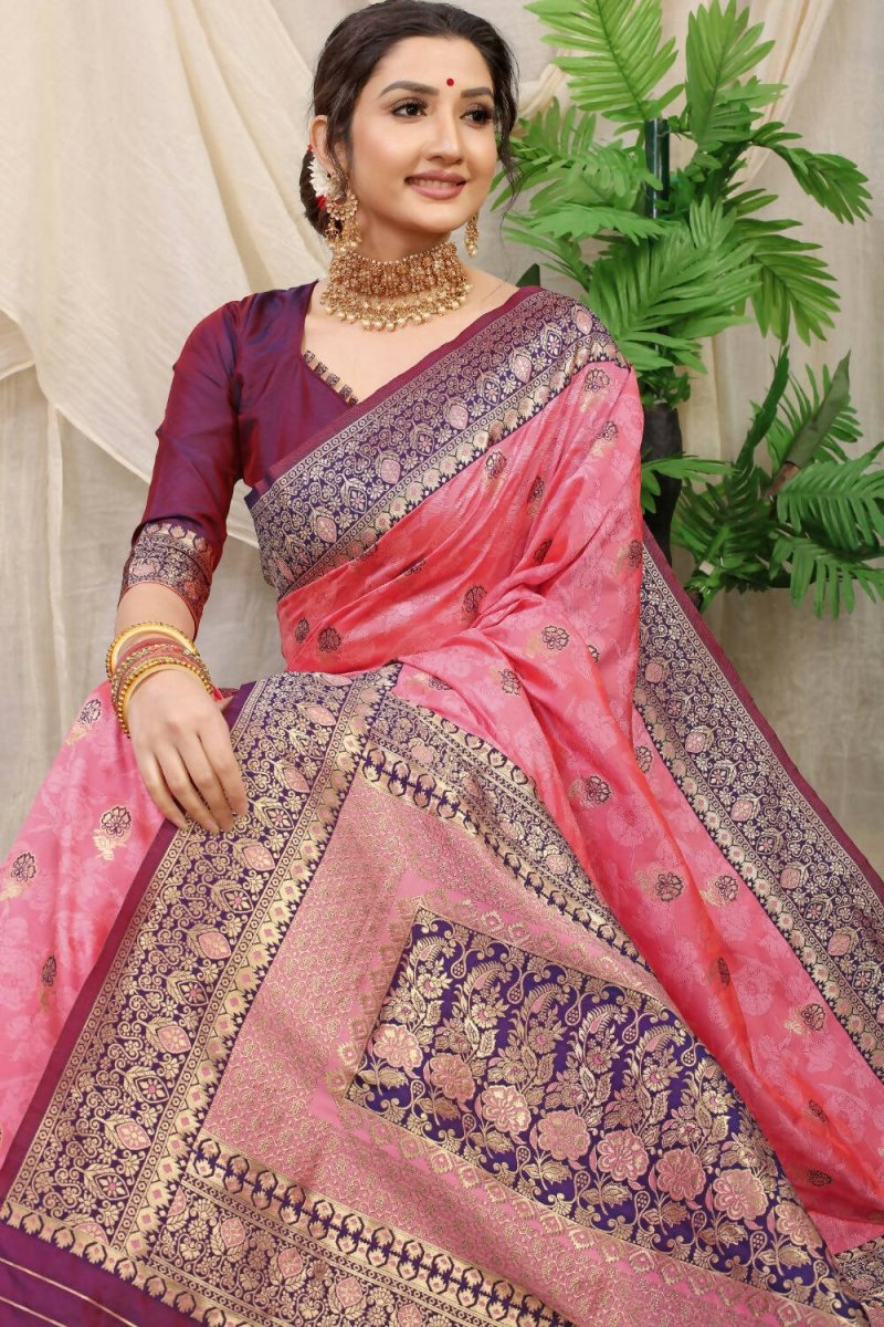 Aastha Fashion Baby Pink Woven Banarasi Silk Saree with Blouse - Distacart