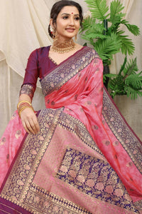 Thumbnail for Aastha Fashion Baby Pink Woven Banarasi Silk Saree with Blouse - Distacart