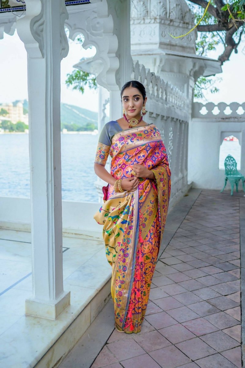 Aastha Fashion Peach Woven Paithani Silk Saree with Blouse - Distacart