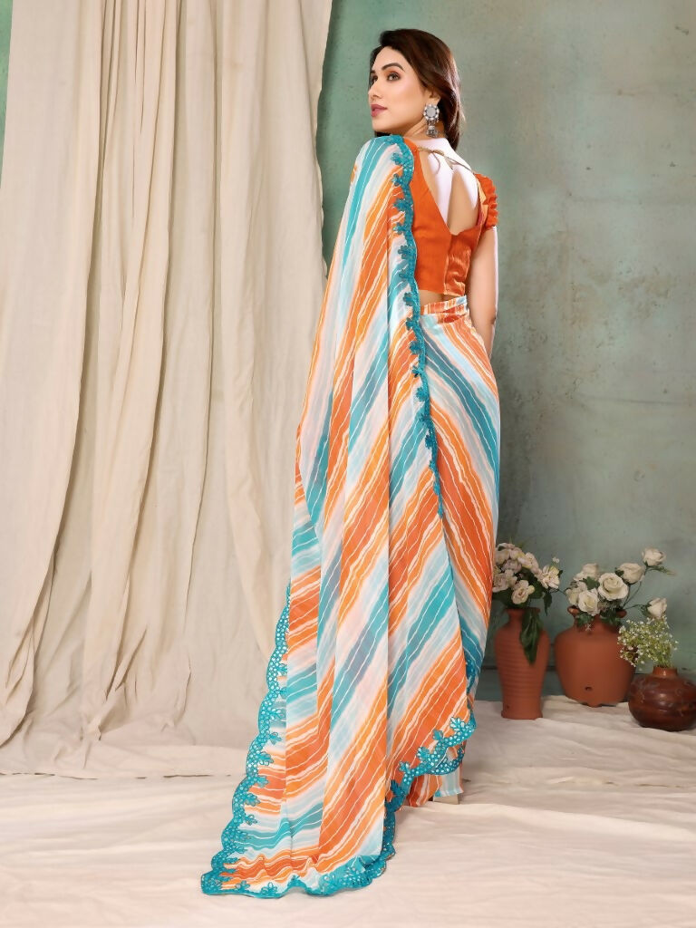 Aafreen Partywear Designer Orange & Blue Georgette Fancy Saree - Distacart