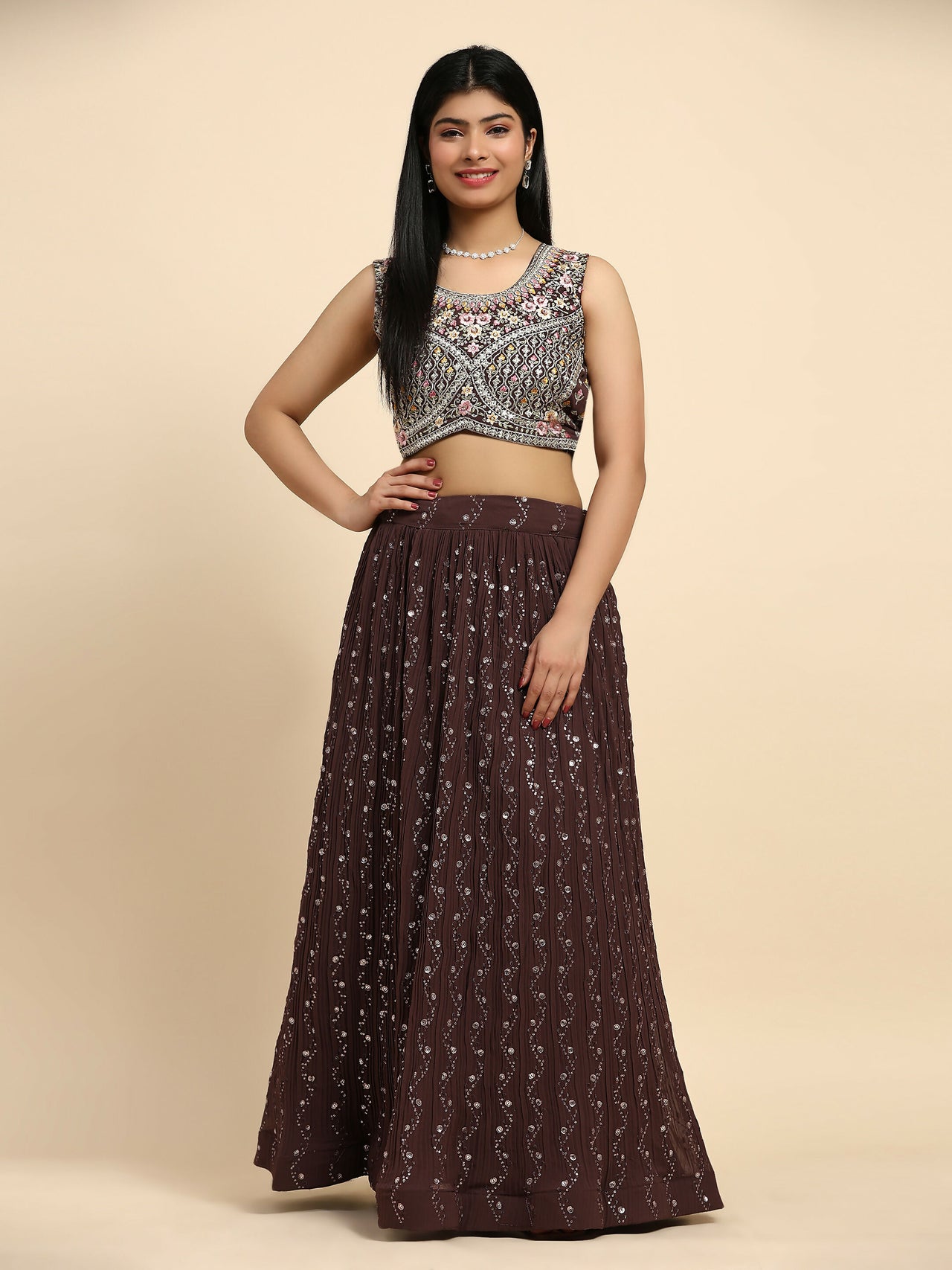 Brown Georgette Embroidered Lehenga choli with Dupatta - Dhara - Distacart