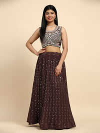 Thumbnail for Brown Georgette Embroidered Lehenga choli with Dupatta - Dhara - Distacart