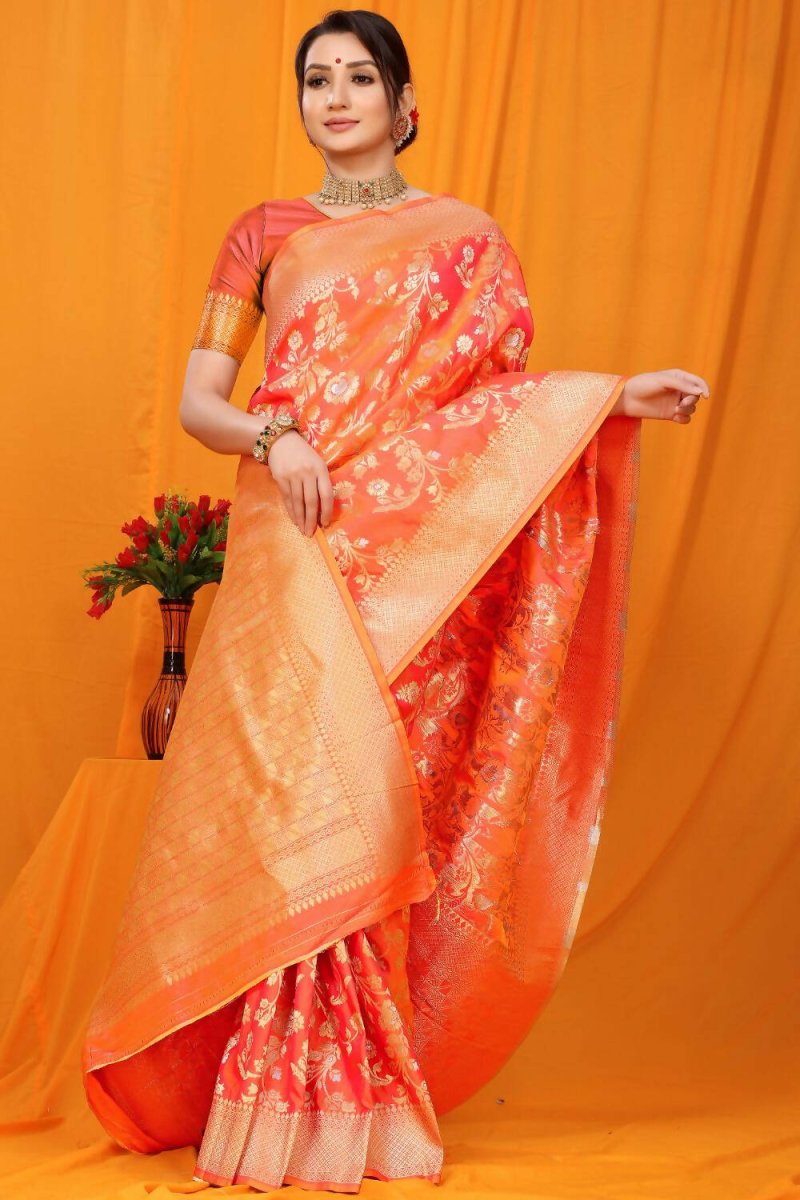 Aastha Fashion Orange Woven Banarasi Silk Saree with Blouse - Distacart