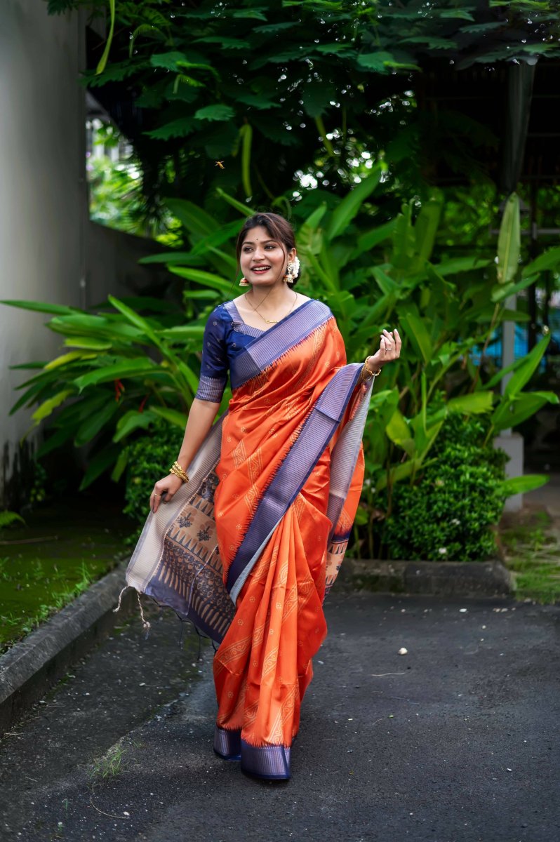 Aastha Fashion Orange Woven Soft Silk Saree with Blouse - Distacart